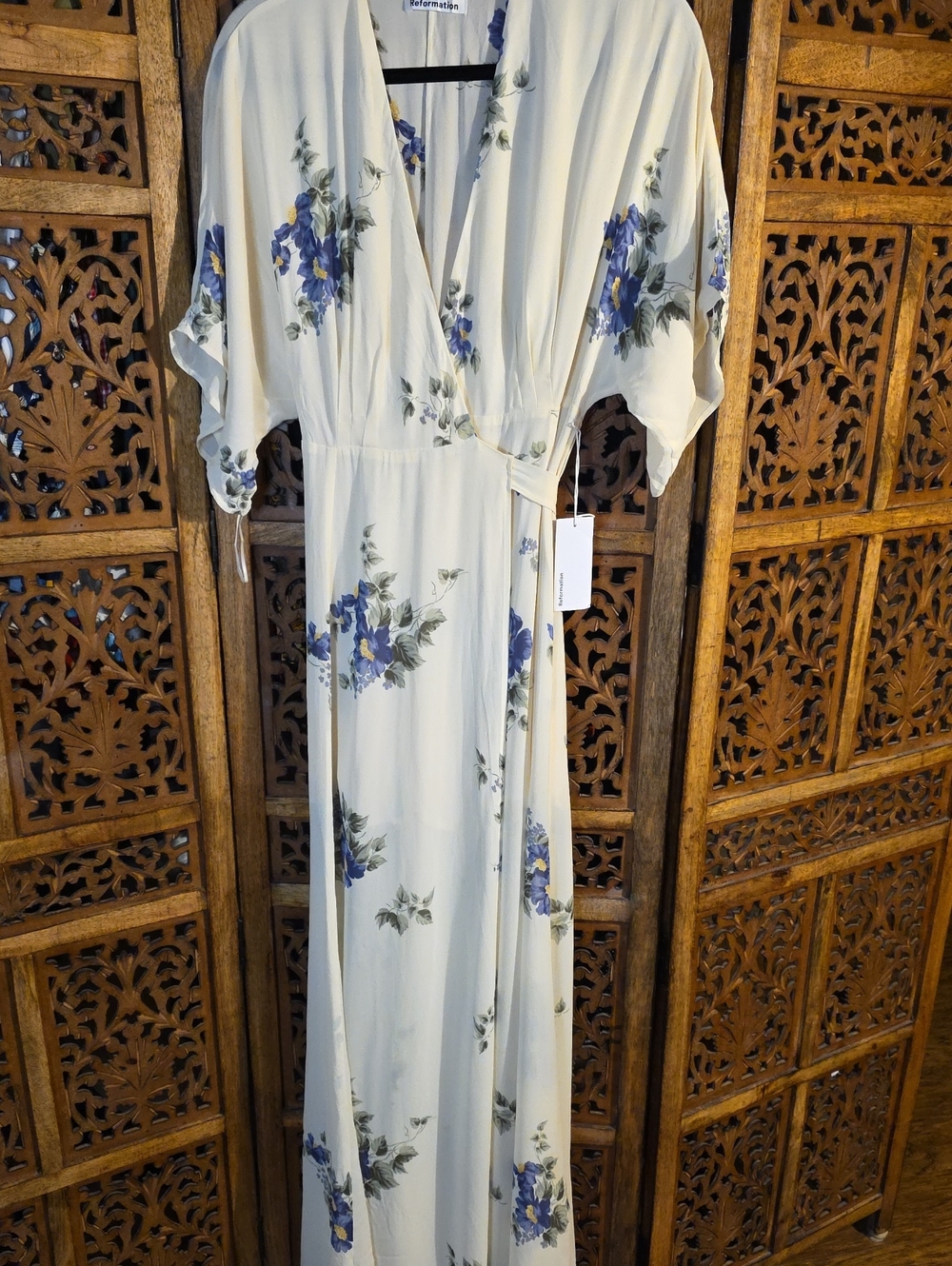 Reformation Cream Maxi Dress with Blue Floral Print